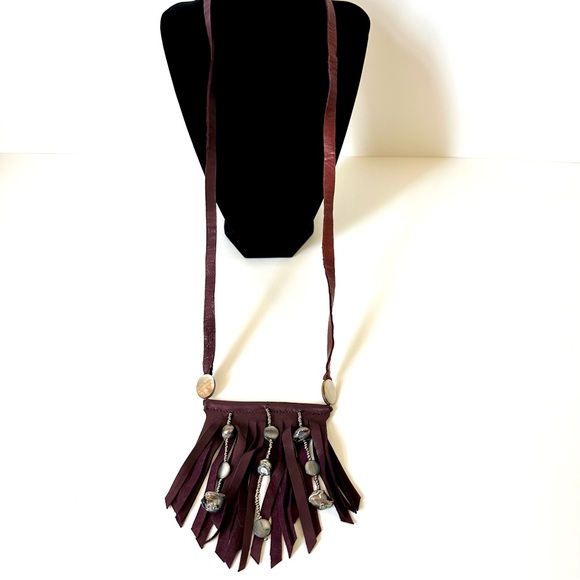 Handmade Jewelry - HANDMADE Maroon Fringe Leather with Pearls & Silver Beads Necklace